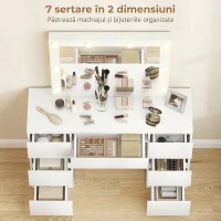 HOMCOM Masă de Toaletă pentru Machiaj cu Oglindă, Design Hollywood, 8 Lămpi LED, 7 Sertare și Taburet Tapițat, Alb(m-5)