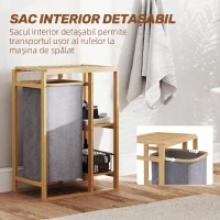 HOMCOM Coș pentru rufe cu sac detașabil și rafturi cu lamele din bambus, 50x32x70 cm, Gri(m-5)