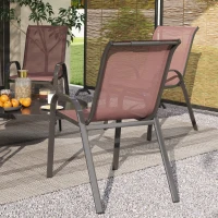 Outsunny Set 4 Sedie da Giardino Impilabili con Braccioli Curvi, in Acciaio e Tessuto Traspirante, 54x71x93 cm, Marrone(m-8)