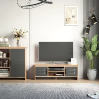 HOMCOM Mueble de TV para Televisores de 42" con 2 Compartimentos Cerrados con Puertas de Metal y 2 Estantes Abiertos Mueble de salón moderno Mesa para televisor 109x35x38 cm Madera Natural y Gris(m-10)