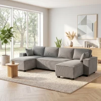 HOMCOM Ecksofa mit Doppel-Chaiselongues, U-förmiges Sofa aus Cordstoff mit breitem und tiefem Sitz, Federkernkissen, Hellgrau(m-9)