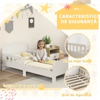 AIYAPLAY Pat pentru Copii 3-8 Ani Jos cu Laterale de Protecție și Margini Nete, din Lemn, 143,5x74,2x54 cm, Alb(m-4)