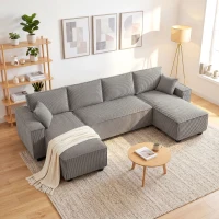 HOMCOM Ecksofa mit Doppel-Chaiselongues, U-förmiges Sofa aus Cordstoff mit breitem und tiefem Sitz, Federkernkissen, Hellgrau(m-2)