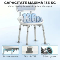HOMCOM Scaun de Duș cu Spătar și Șezut Perforat, 8 Niveluri Reglabil, Antiderapant, 49,5 x 54 x 92 cm, Albastru(m-6)