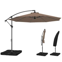 Outsunny 3(m) Garden Banana Parasol Cantilever Umbrella with Crank Handle, Cross Base, Weights and Cover for Outdoor, Hanging Sun Shade, Coffee(m-21)