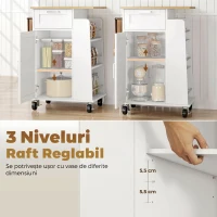 HOMCOM Cărucior de Bucătărie cu Sertar, Dulap, Suport pentru Prosoape și 3 Suporturi pentru Condimente, din Lemn, 62x40x87 cm, Alb(m-5)