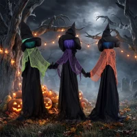 HOMCOM 120cm Witches Holding Hands Halloween Decorations Outdoor Indoor, Scary Halloween Witch Decor with Light-Up Heads(m-8)