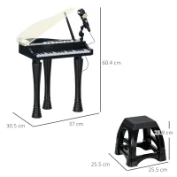 AIYAPLAY Piană pentru copii cu 32 de clape, scaun, microfon, melodii, lumini și picioare detașabile, negru(m-3)