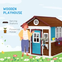 Outsunny Wooden Playhouse with Doors, Windows, Plant Pots, Boxes, for 3-8 Years - Dark Brown(m-5)