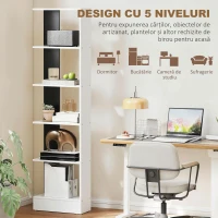 HOMCOM Bibliotecă Modernă Economisitoare de Spațiu cu 5 Rafturi din Lemn 45x21x170 cm, Alb și Negru(m-6)