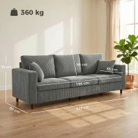 HOMCOM 3 Seater Sofa with Wide Seat, Corduroy Fabric Couch with Deep Seat, Spring Cushion, Light Grey(m-3)