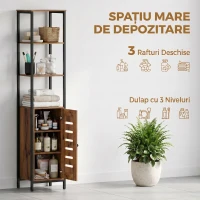 kleankin Dulap Baie Înalt și Îngust, Dulăpior Economisitor cu Uși Tip Jaluzea, 3 Rafturi Deschise, Maro Rustic(m-4)