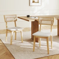 HOMCOM Lot de 2 chaises de salle à manger, chaises de cuisine avec dossier effet rotin, cadre en bois d'hévéa, bois naturel(m-10)