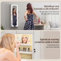 HOMCOM Dulap pentru bijuterii de perete sau pentru ușă, cu oglindă interioară și LED, cu încuietoare și cheie, buzunar cu fermoar, alb(m-5)