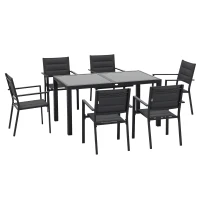 Outsunny Set da Giardino con Tavolo Allungabile in Vetro e 6 Sedie con Seduta Traspirante, Grigio Scuro(m-1)