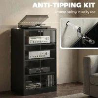 HOMCOM 4-Tier Hi-Fi Stand,  Record Player Stand with Adjustable Shelves and Push-to-Open Glass Doors, Black Wood-Effect(m-8)