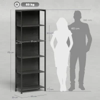 HOMCOM Bibliotecă Industrială cu 5 Rafturi și Iluminare LED, din Metal și Lemn, 60x30x179 cm, Negru(m-3)
