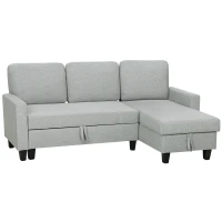 HOMCOM Canapea extensibilă cu 3 locuri, șezlong și spațiu de depozitare, material textil cu efect de in, 197x129x85 cm, gri și negru(m-1)