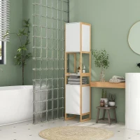 HOMCOM Coloană pentru baie economisitoare de spațiu din bambus cu rafturi deschise și 2 dulapuri cu deschidere prin apăsare, albă(m-6)
