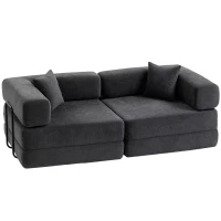 HOMCOM Sofá Cama de 2 Lugares Dobrável Estofado em Chenilla com 2 Almofadas Braços Largos Acolchoamento Grosso  Cinzento Escuro(m-1)