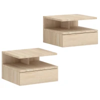 HOMCOM Set di 2 Comodini Sospesi con Cassetto e Mensola Aperta, 35x32x22.5 cm, Rovere(m-1)