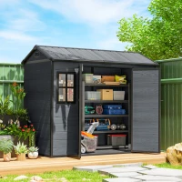 Outsunny 8 x 4 ft Resin Garden Shed, Wood-Effect Outdoor Storage Shed with Floor, Windows, Lockable Doors and Vents, Dark Grey(m-2)