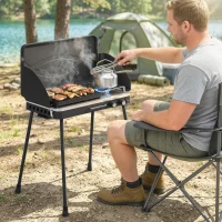 Outsunny Tragbarer Gasgrill 2 Brenner 7 kW 2-in-1 Tischgrill mit Braten klappbar Beinen Grillrost Windschutz Deckel Verschluss(m-10)
