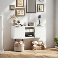 HOMCOM Mobilier TV pentru televizoare de până la 55", Suspendat sau pe Podea, Uși Soft Close, Gaura pentru Cabluri și Raft din Sticlă, Alb(m-9)