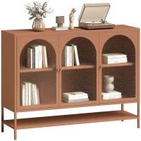 HOMCOM Buffet salon, meuble de rangement avec 3 portes vitrées cintrées et étagère ouverte, 140 x 40 x 105 cm, rouille(m-11)