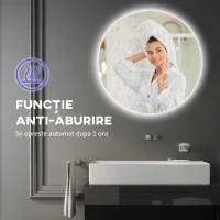 kleankin Oglindă de Baie cu Lumină LED Rotundă 80cm, 3 Culori, 3000-6500K, Oglindă de Perete Iluminată cu Interruptoare Touch, Luminozitate Reglabilă, Funcție Memorie și Anti-Ceață, IP44(m-7)