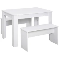HOMCOM Essgruppe mit 2 Bänken, 3-teilige Esszimmergruppe, Küchentisch, Esszimmergarnitur Sitzgruppe Tischgruppe, Weiß, 110x70x75 cm (Tisch), 86x30x44,8 cm (Bank)(m-1)