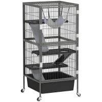 PawHut Gaiola para pequenos animais 4 andares com bandeja elevável Rampas Rede Rodízios Plataformas 52x52x115 cm Cinza(m-1)