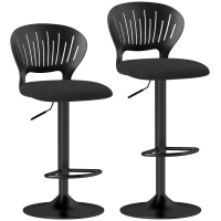 HOMCOM Set 2 Scaune de Bar Reglabile, Scaune de Bucătărie Înalte din Material Textil cu Efect de In cu Spătar, Suport pentru Picioare și Șezut Moale, Cadru Metalic, Scaune Rotative la 360°, Negru(m-1)