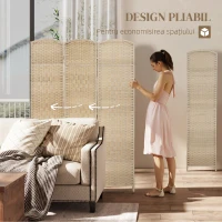 HOMCOM Paravan Interior cu 3 Panouri Pliabil, 135x180 cm, Separatoare Împletit din PP și Lemn de Pin, Stejar(m-4)