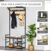 HOMCOM Coat Rack Stand Shoe Storage Bench with 9 Hooks Shelves for Bedroom Living Room Entryway Brown and Black 180cm(m-6)