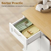 HOMCOM Cărucior de Bucătărie cu Sertar, Dulap, Suport pentru Prosoape și 3 Suporturi pentru Condimente, din Lemn, 62x40x87 cm, Alb(m-4)