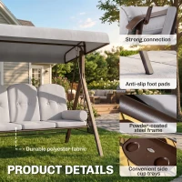 Outsunny 3 Seater Canopy Swing Chair, Outdoor Garden Swing Seat with Adjustable Canopy, Cushions and Cup Trays, Steel Frame, Light Grey(m-5)