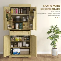HOMCOM Bufet de Bucătărie Stil Boho cu 2 Dulapuri, Sertar și Suport pentru Condimente din Lemn și Ratan, 76x40x183cm, Stejar(m-5)