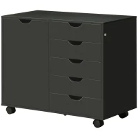 HOMCOM Caisson de bureau avec 5 tiroirs 1 porte étagère réglable, support imprimante sur roulettes, 78x40x66,5 cm, noir(m-12)