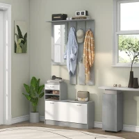 HOMCOM Móvel Cabide de Entrada de 3 Peças Armário de Entrada com Cabide Espelho Sapateira e Gaveta 90x10x102 cm Branco e Cinza(m-10)