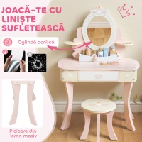 AIYAPLAY Set Măsuță de Toaletă cu Oglindă și Scăunel din Lemn 2 în 1 pentru Copii cu 7 Accesorii Incluse, Roz(m-7)