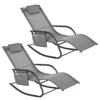 Outsunny 2PCs Outdoor Garden Rocking Chair, Patio Sun Lounger Rocker Chair with Breathable Mesh Fabric, Removable Headrest Pillow, Armrest, Side Storage Bag, Grey(m-11)