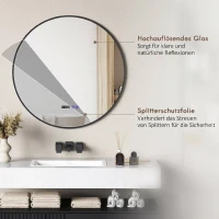 HOMCOM Oglindă de baie cu lumină LED reglabilă, antiaburire și afișaj pentru oră și temperatură, Ø70 cm, negru(m-7)