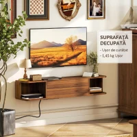 HOMCOM Mobilier TV Suspendat până la 50" cu Prize, USB și Tip C, Sertar și Rafturi, 120x24x22.4 cm, Nuc(m-8)