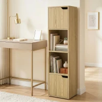 HOMCOM Narrow Bookcase, 4-Tier Bookshelf, Storage Cabinet with doors for Living Room, Bedroom, Oak(m-8)