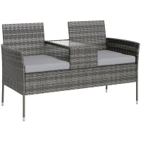 Outsunny Panchina da Esterno 2 Posti con Tavolino da Caffè, in Acciaio e Rattan PE, 137x59x82 cm, Grigio(m-1)