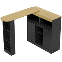 HOMCOM Ausziehbarer Bartisch, zu L-Form umwandelbar, viel Stauraum, 3 verstellbare Regale, Spanplatte, MDF, Schwarz(m-1)