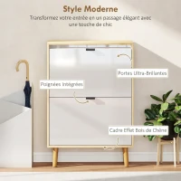 HOMCOM Meuble à chaussures, armoire à chaussures étroite, 2 tiroirs rabattables, portes haute brillante, 60x24x91cm, blanc(m-4)