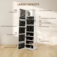 HOMCOM 360° Swivel Jewellery Cabinet, Free Standing Full Length Mirror with Storage, Lockable Jewellery Organiser with Built-in Makeup Mirror and Storage Shelves for Bedroom, White(m-5)