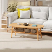 HOMCOM Table Basse à 2 Niveaux, Table de Salon Moderne avec Étagère Inférieure Ouverte et Pieds en Bois d'Hévéa, Bois Naturel(m-11)